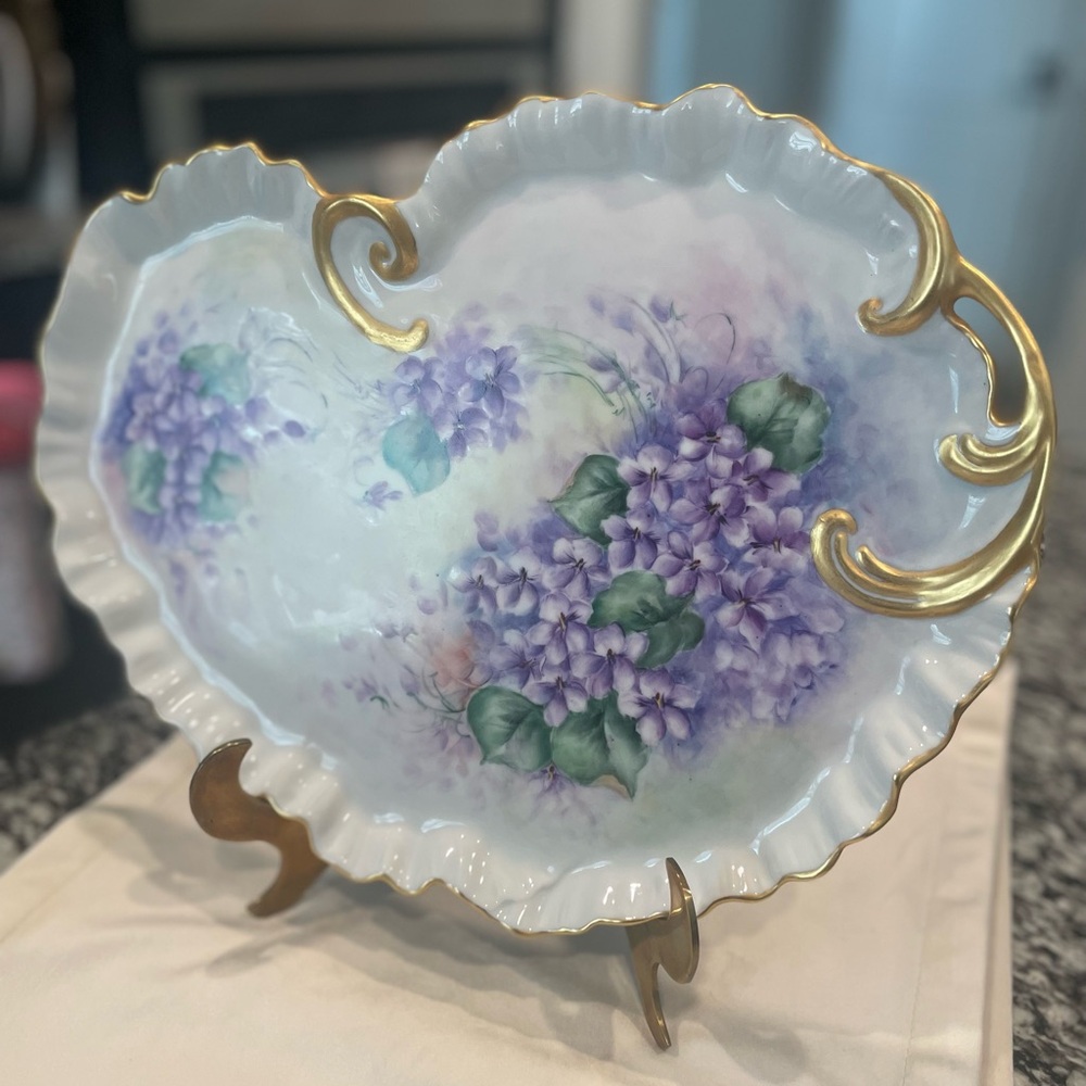 Art Nouveau 14in Hand Painted Vanity Plate Hydrangea Flowers W/gold Trim # G893W